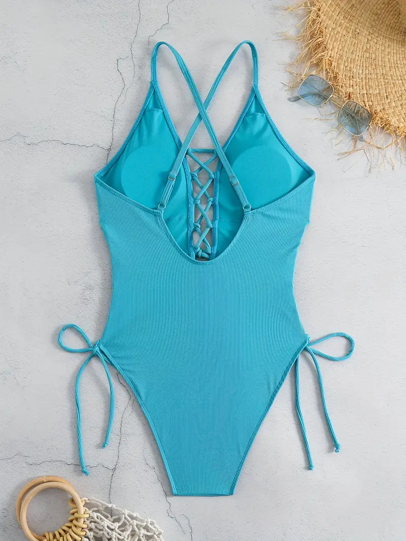 Solid Color Sexy One-piece Swimsuit, Criss Cross Straps Tie Side Backless Bathing Suits, Women's Swimwear & Clothing