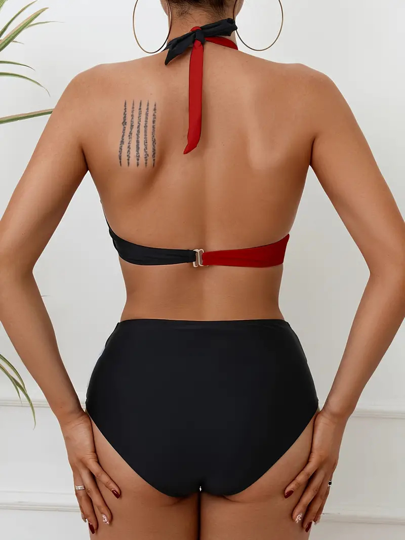 Black & White Color Block Halter 2 Piece Set Bikini, Tie Neck Backless Medium Stretch Cross Swimsuits, Women's Swimwear & Clothing