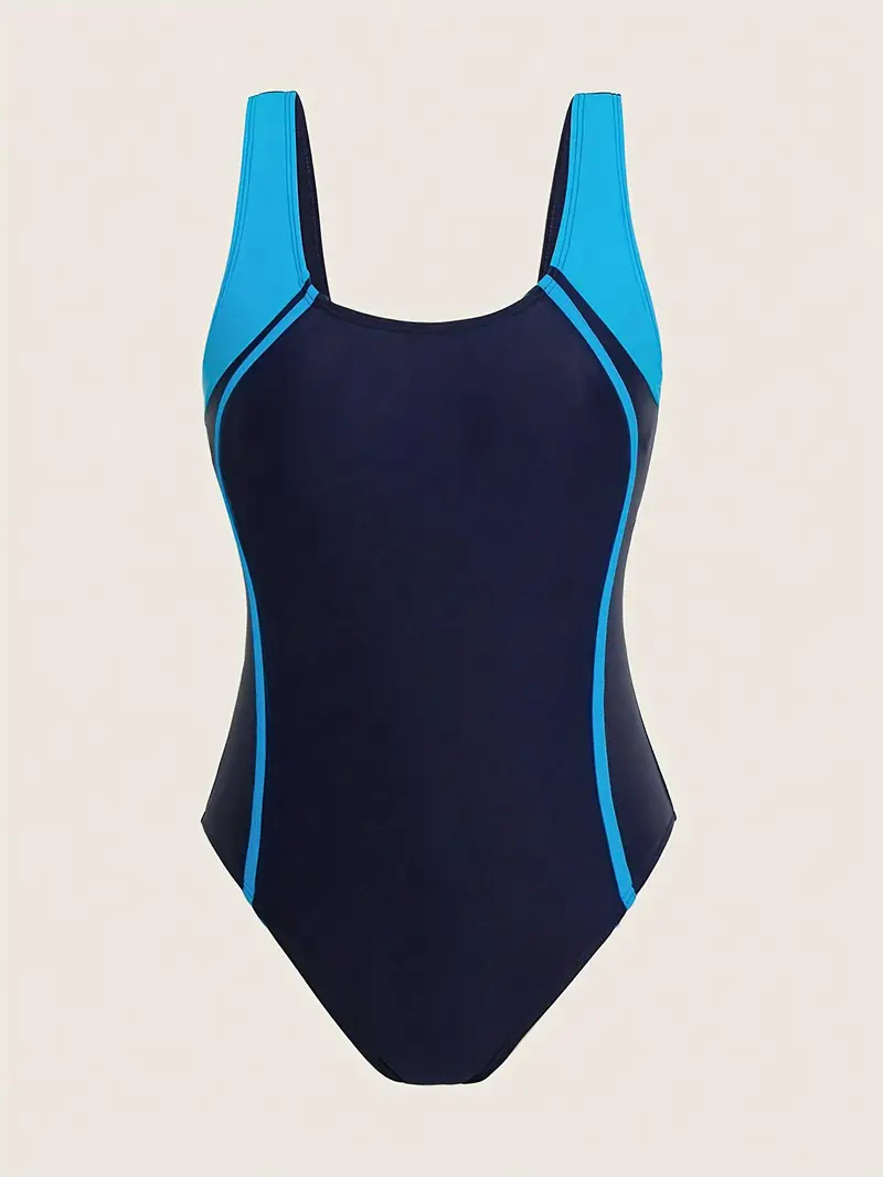 Women's Sporty Contrast Color One-Piece Swimsuit, Slim Fit, Open Back, Beachwear, Poolside Apparel