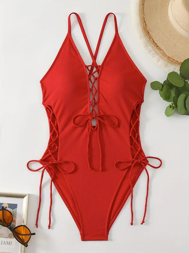 Solid Color Sexy One-piece Swimsuit, Criss Cross Straps Tie Side Backless Bathing Suits, Women's Swimwear & Clothing