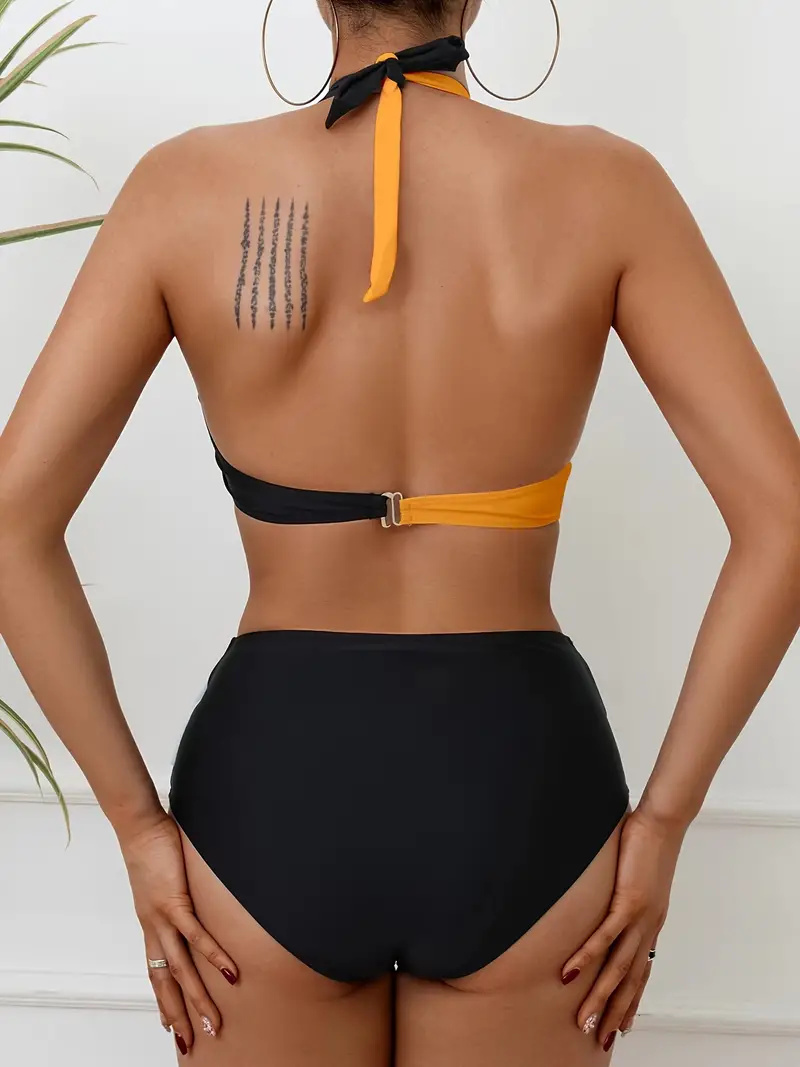 Black & White Color Block Halter 2 Piece Set Bikini, Tie Neck Backless Medium Stretch Cross Swimsuits, Women's Swimwear & Clothing