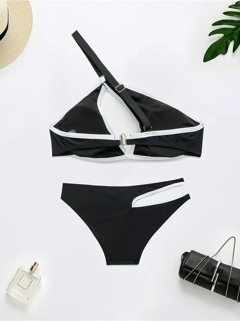 Black One Shoulder Bikini Sets, Asymmetrical Back Buckle Cut Out High Cut Two Pieces Swimsuit, Women's Swimwear & Clothing