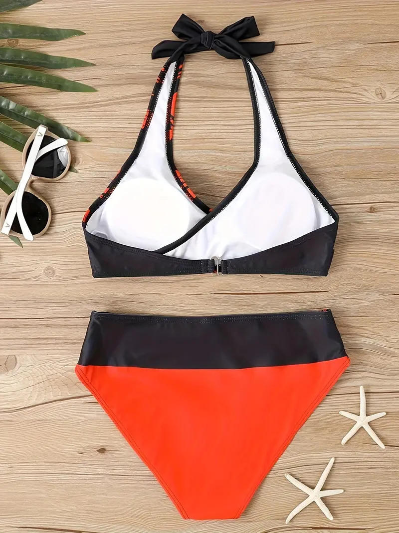 Contrast Color Fashion 2 Piece Set Bikini, Halter Neck High Cut Beach Swimsuits, Women's Swimwear & Clothing