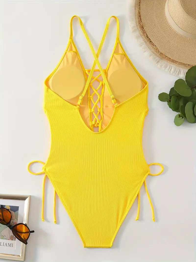 Solid Color Sexy One-piece Swimsuit, Criss Cross Straps Tie Side Backless Bathing Suits, Women's Swimwear & Clothing