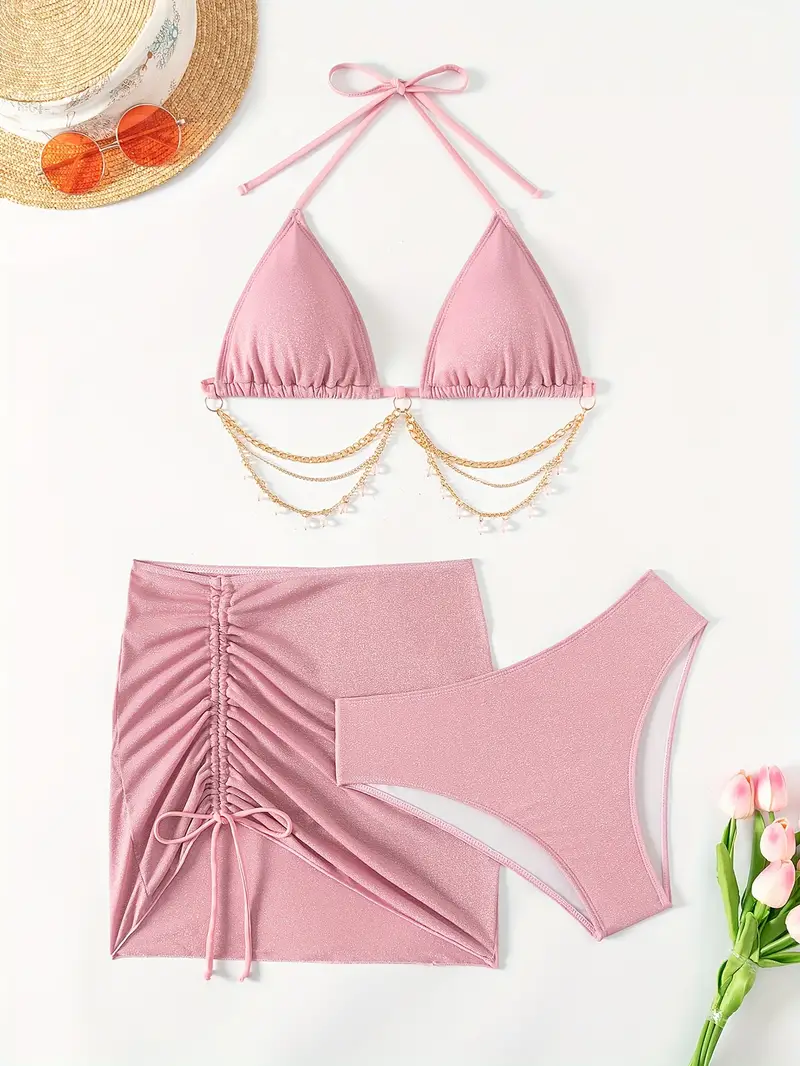 Women's 3-Piece Swimsuit Set, Bikini Top With Chain Detail, High Cut Panty & Drawstring Skirt, Beachwear