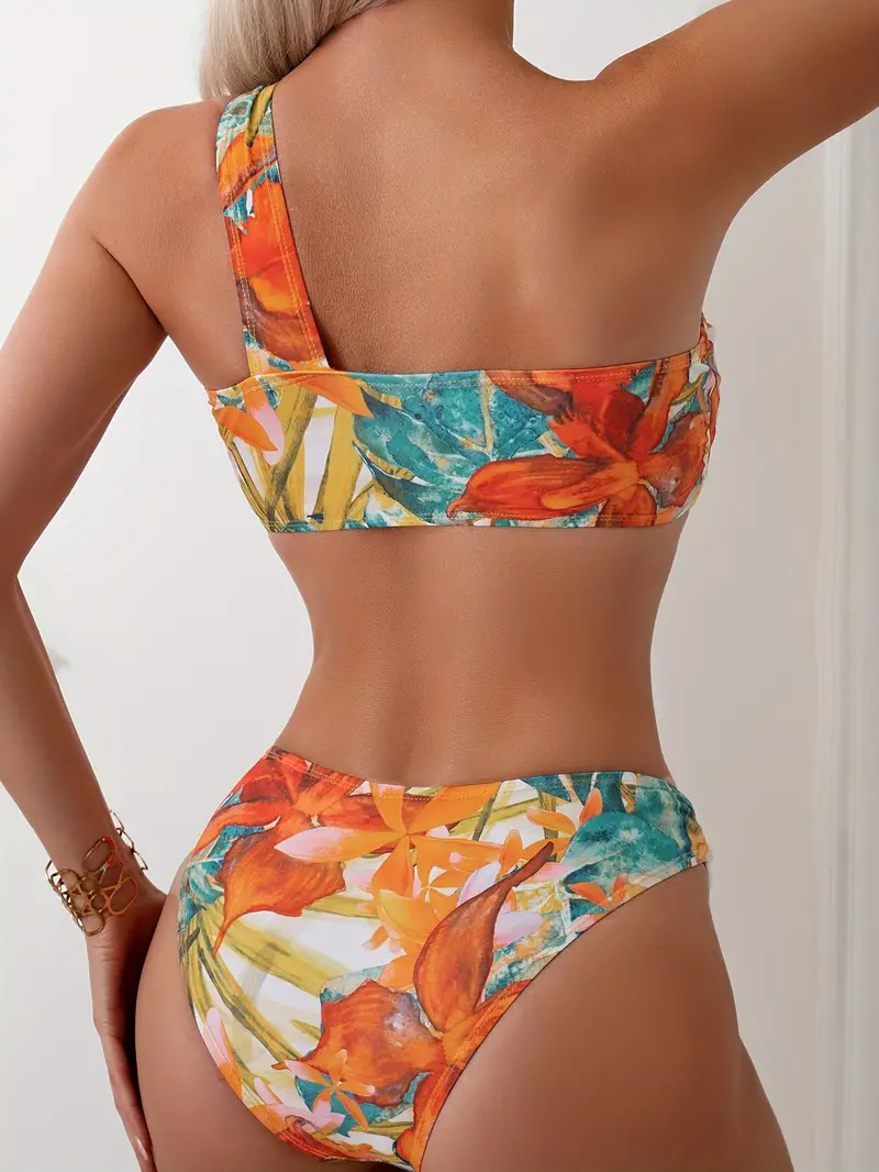 Tropical Print Asymmetrical 2 Piece Set Bikini, One Shoulder Ring-Linked High Cut Swimsuits, Women's Swimwear & Clothing