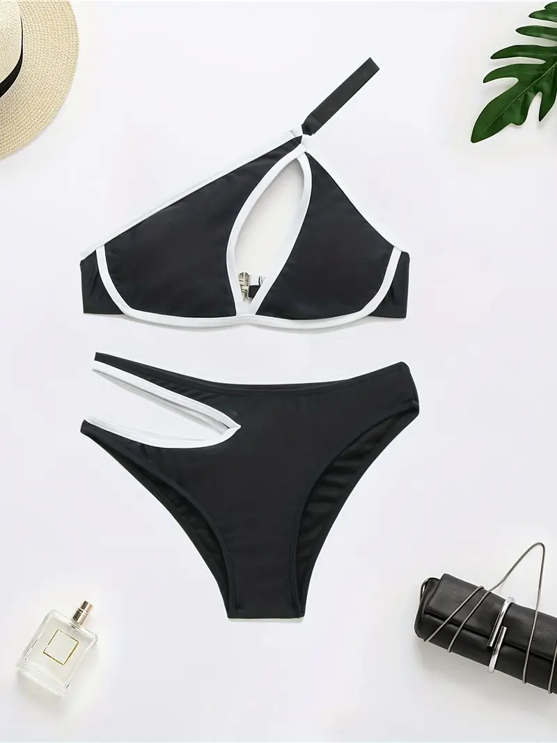 Black One Shoulder Bikini Sets, Asymmetrical Back Buckle Cut Out High Cut Two Pieces Swimsuit, Women's Swimwear & Clothing