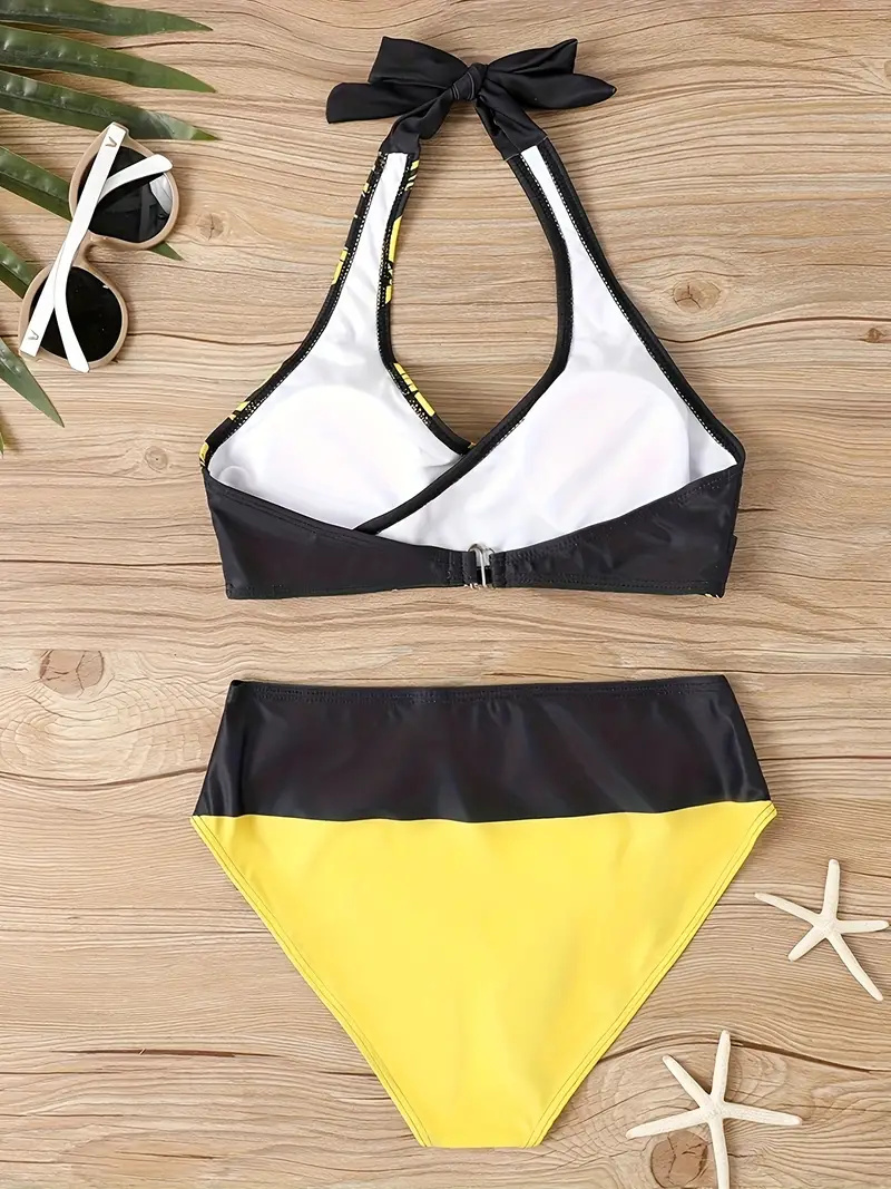 Contrast Color Fashion 2 Piece Set Bikini, Halter Neck High Cut Beach Swimsuits, Women's Swimwear & Clothing