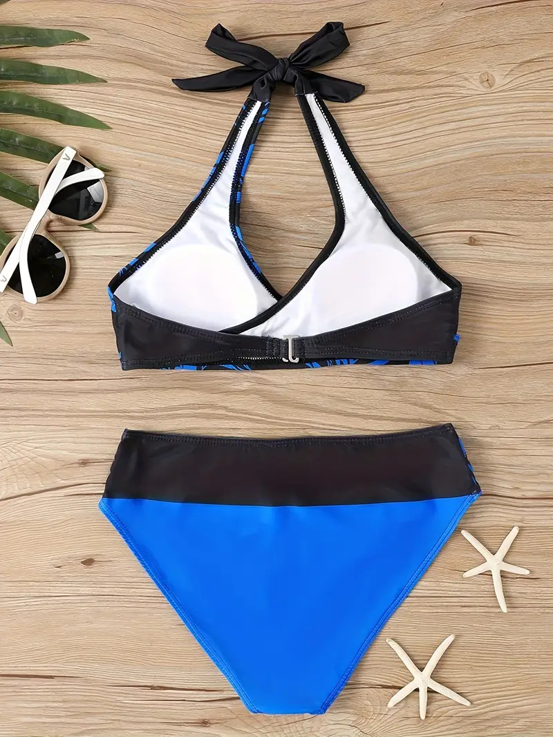 Contrast Color Fashion 2 Piece Set Bikini, Halter Neck High Cut Beach Swimsuits, Women's Swimwear & Clothing