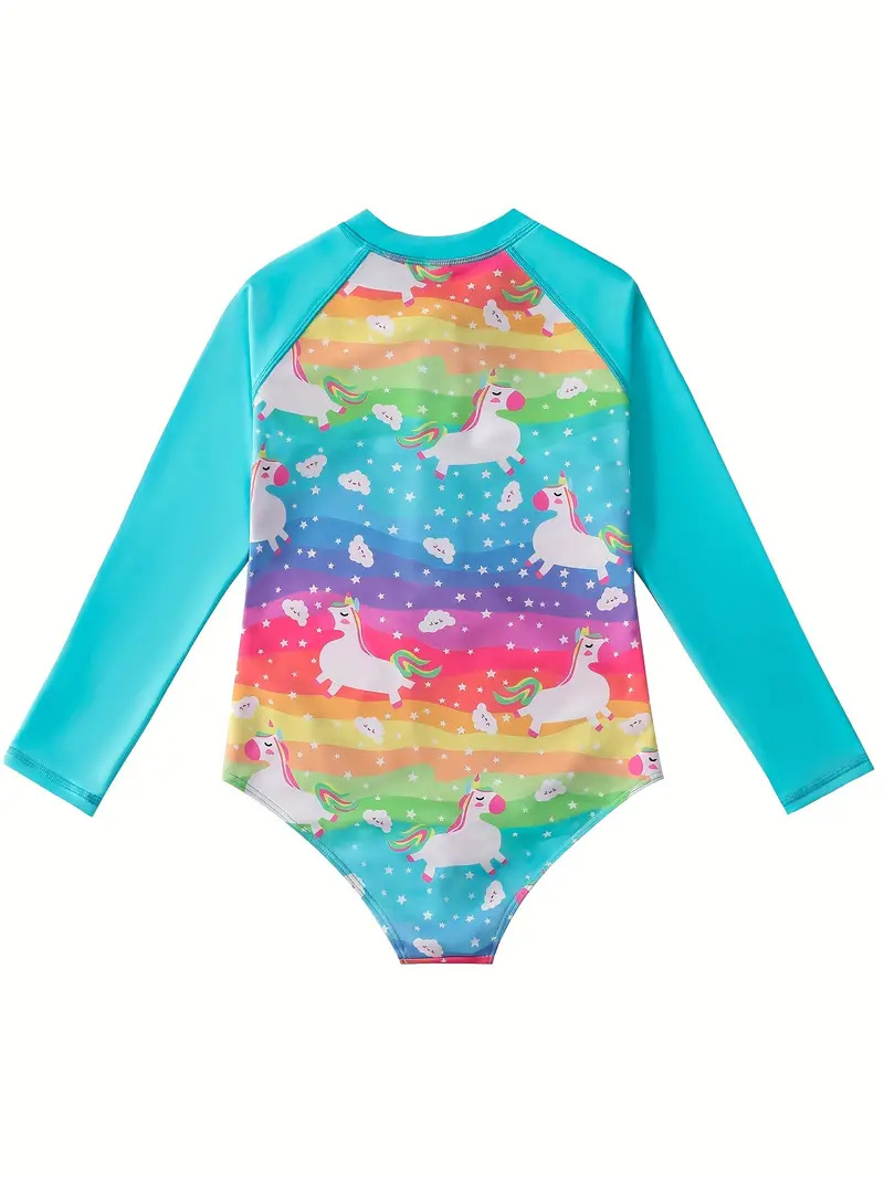 one-piece Cute Pony Print Long-Sleeved Girls' Swimsuit for Vacation and Hot Springs