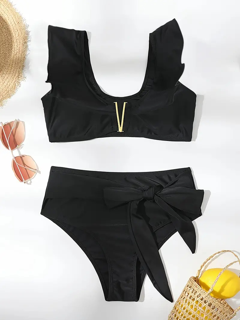 Solid Color V-Notch 2 Piece Set Bikini, Ruffle Hem High Cut Sexy Swimsuits, Women's Swimwear & Clothing