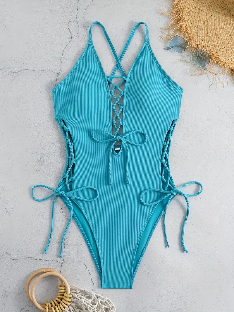 Solid Color Sexy One-piece Swimsuit, Criss Cross Straps Tie Side Backless Bathing Suits, Women's Swimwear & Clothing