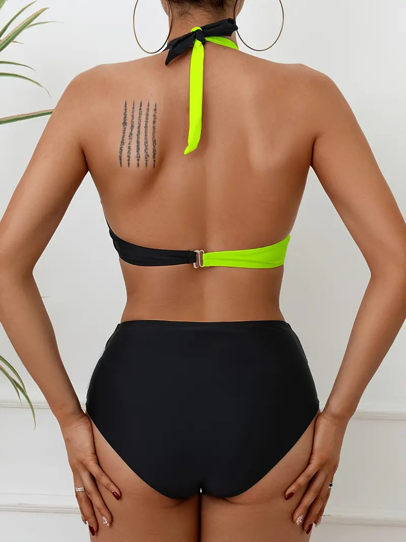 Black & White Color Block Halter 2 Piece Set Bikini, Tie Neck Backless Medium Stretch Cross Swimsuits, Women's Swimwear & Clothing