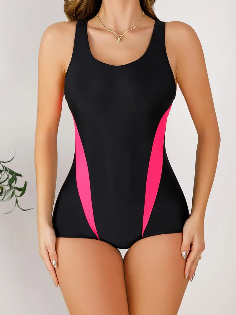 Contrast Color One-piece Swimsuit, Round Neck Racer Back Slimming Bathing Suits, Women's Swimwear & Clothing