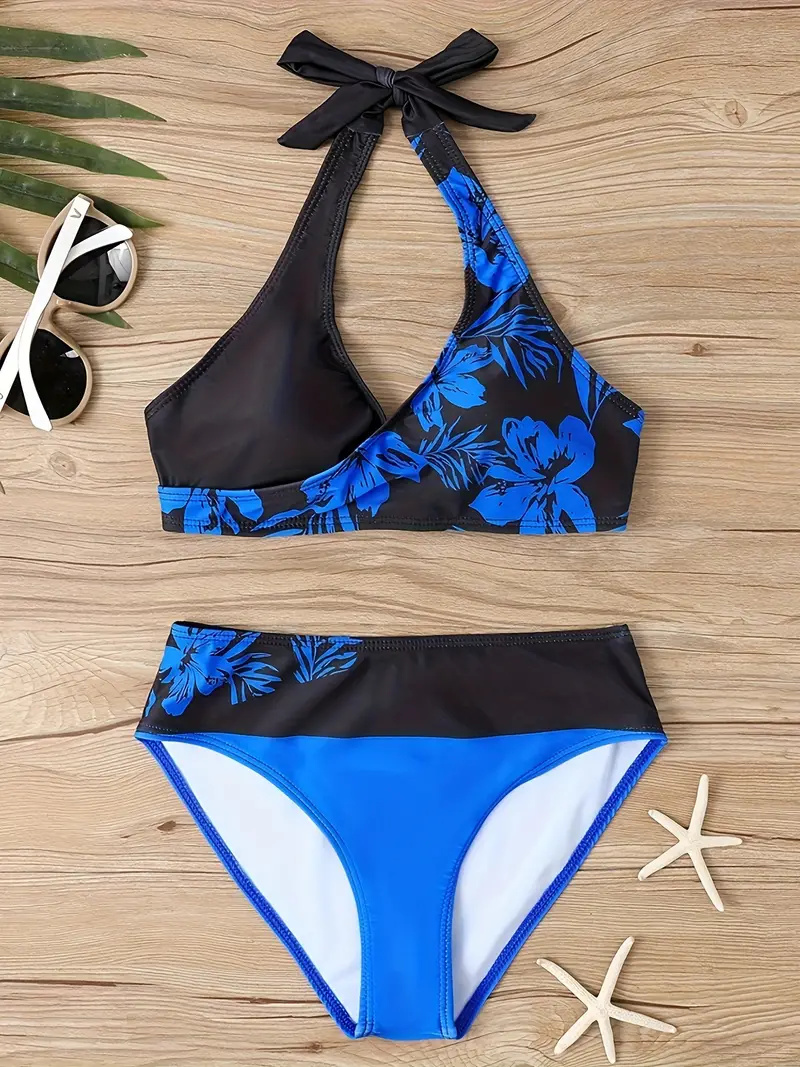 Contrast Color Fashion 2 Piece Set Bikini, Halter Neck High Cut Beach Swimsuits, Women's Swimwear & Clothing