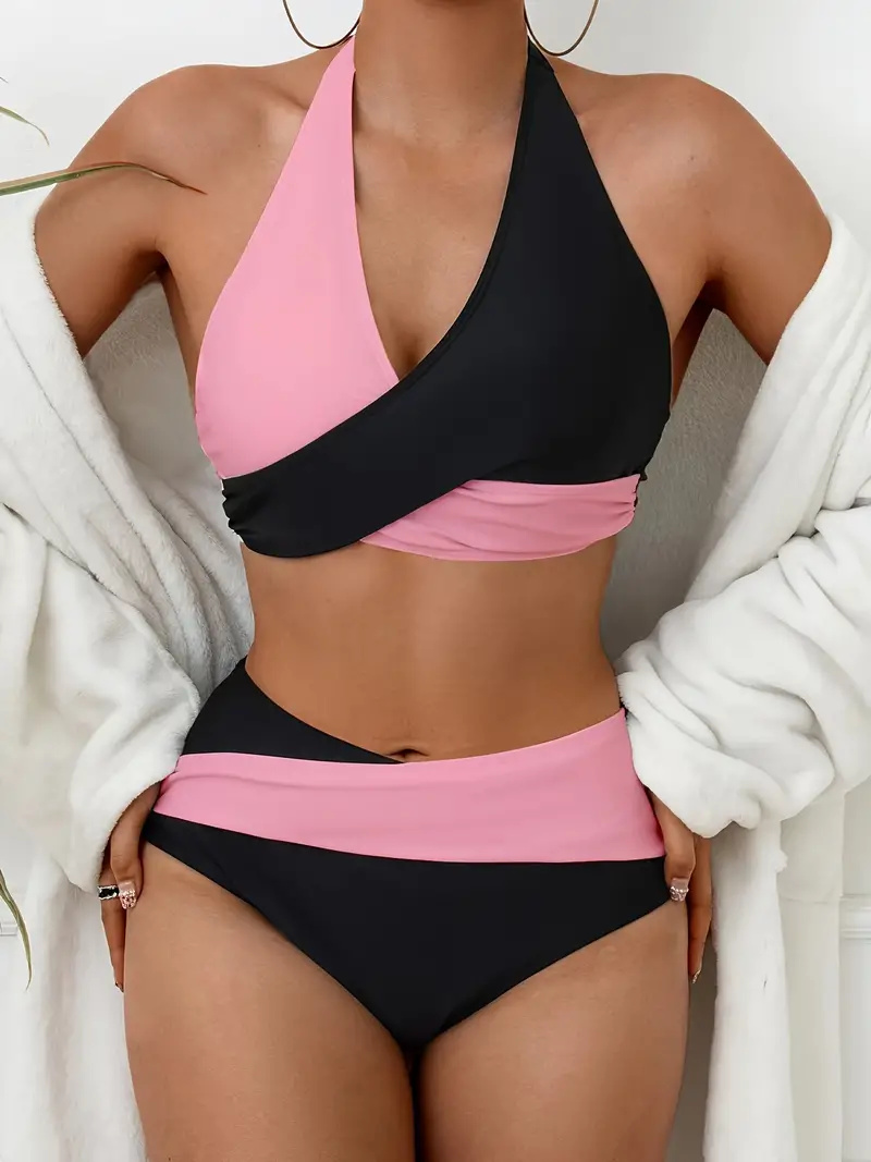 Black & White Color Block Halter 2 Piece Set Bikini, Tie Neck Backless Medium Stretch Cross Swimsuits, Women's Swimwear & Clothing