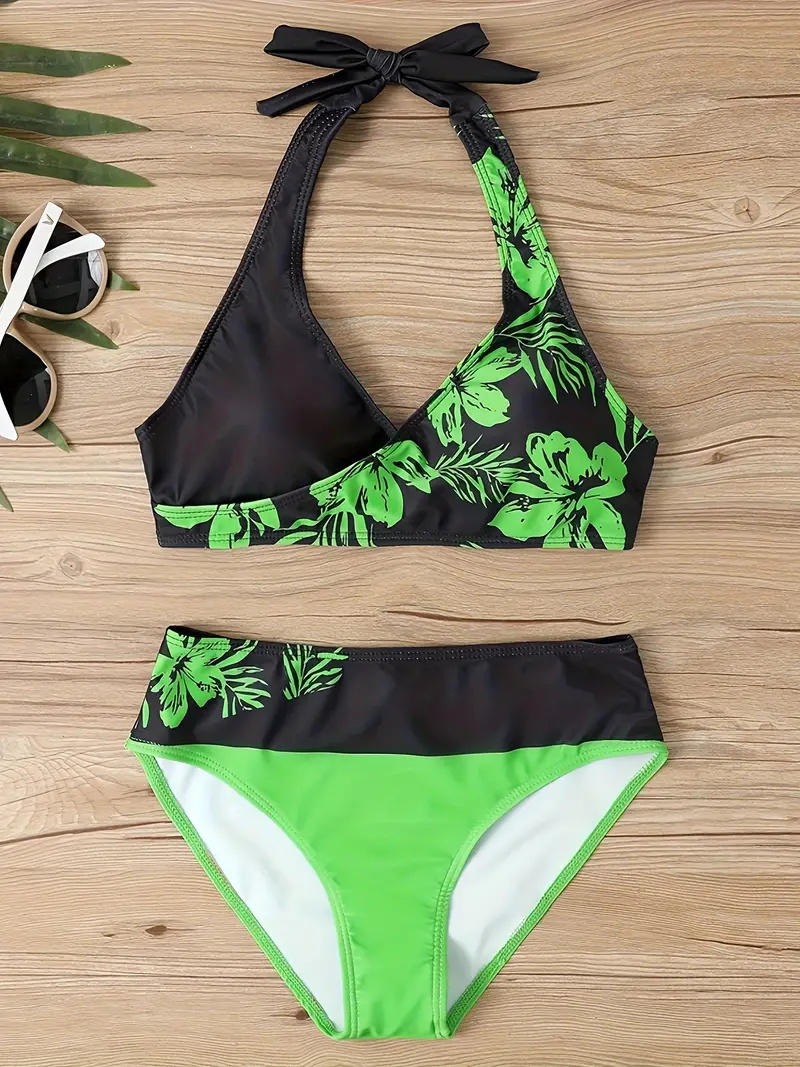 Contrast Color Fashion 2 Piece Set Bikini, Halter Neck High Cut Beach Swimsuits, Women's Swimwear & Clothing