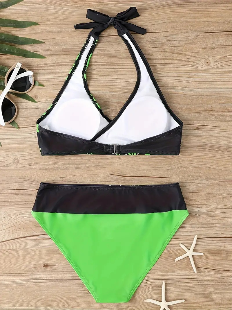 Contrast Color Fashion 2 Piece Set Bikini, Halter Neck High Cut Beach Swimsuits, Women's Swimwear & Clothing