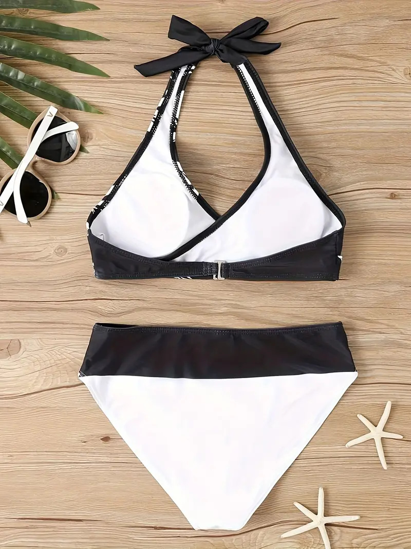 Contrast Color Fashion 2 Piece Set Bikini, Halter Neck High Cut Beach Swimsuits, Women's Swimwear & Clothing