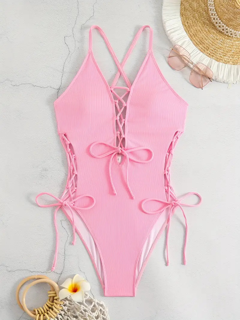 Solid Color Sexy One-piece Swimsuit, Criss Cross Straps Tie Side Backless Bathing Suits, Women's Swimwear & Clothing