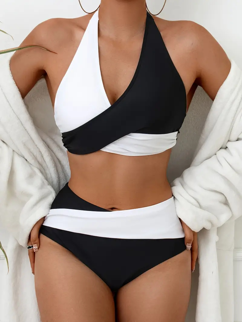 Black & White Color Block Halter 2 Piece Set Bikini, Tie Neck Backless Medium Stretch Cross Swimsuits, Women's Swimwear & Clothing