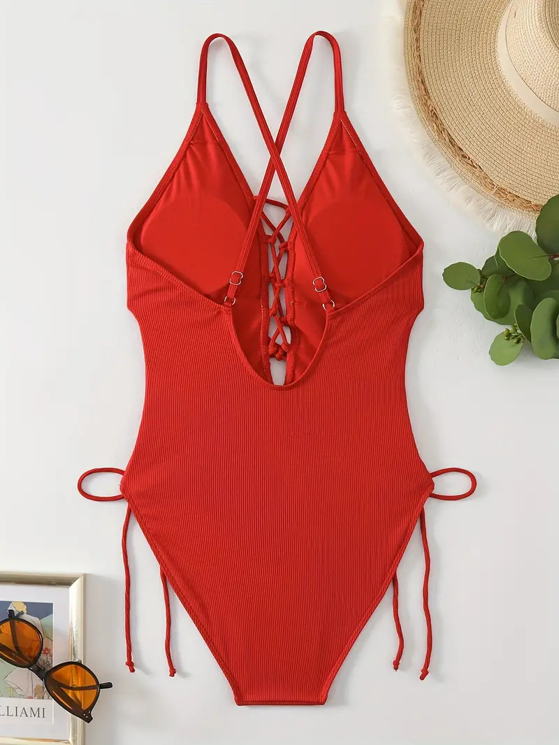 Solid Color Sexy One-piece Swimsuit, Criss Cross Straps Tie Side Backless Bathing Suits, Women's Swimwear & Clothing