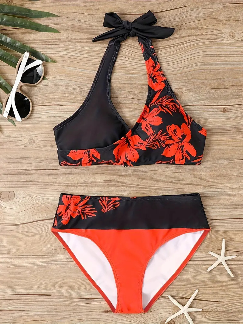 Contrast Color Fashion 2 Piece Set Bikini, Halter Neck High Cut Beach Swimsuits, Women's Swimwear & Clothing