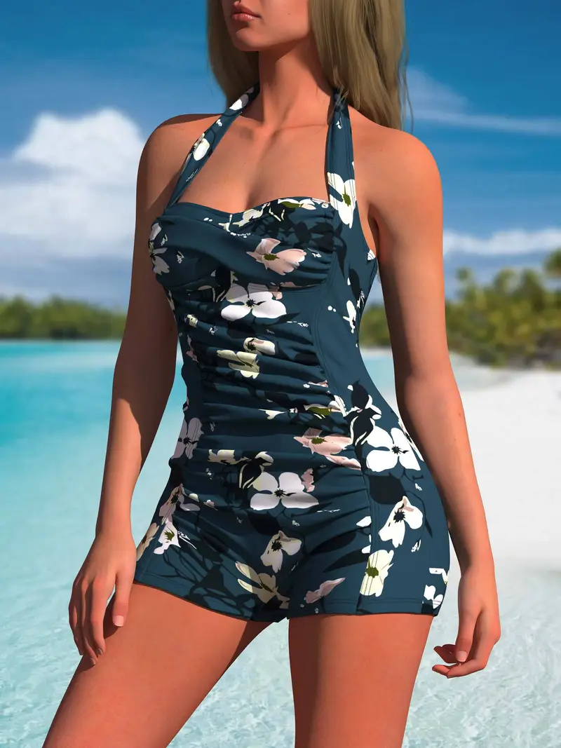 Floral Pattern One-piece Swimsuit, Halter Neck Ruched Bathing Suits, Women's Swimwear & Clothing