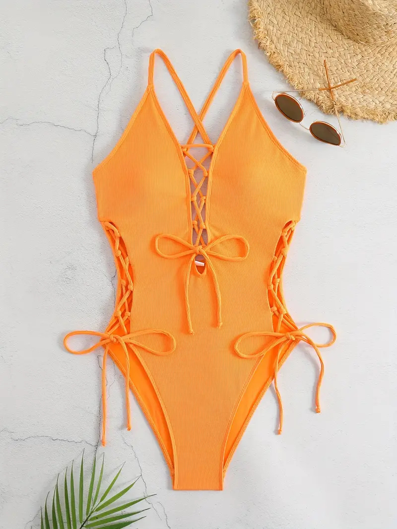 Solid Color Sexy One-piece Swimsuit, Criss Cross Straps Tie Side Backless Bathing Suits, Women's Swimwear & Clothing