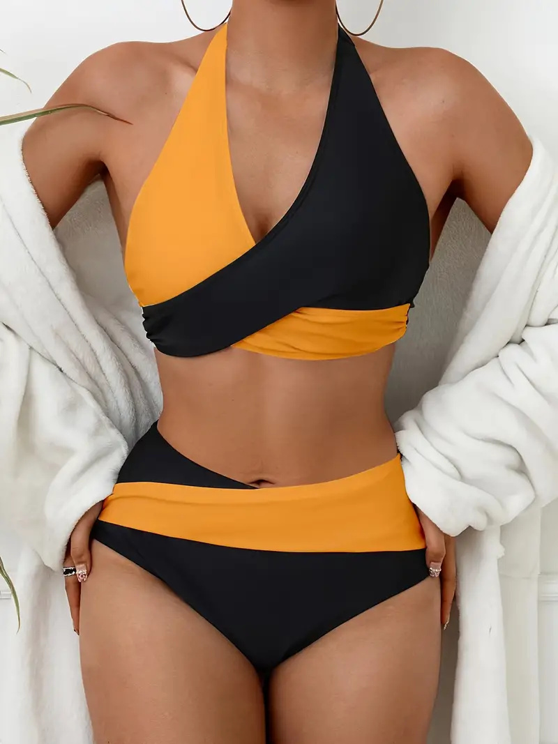 Black & White Color Block Halter 2 Piece Set Bikini, Tie Neck Backless Medium Stretch Cross Swimsuits, Women's Swimwear & Clothing