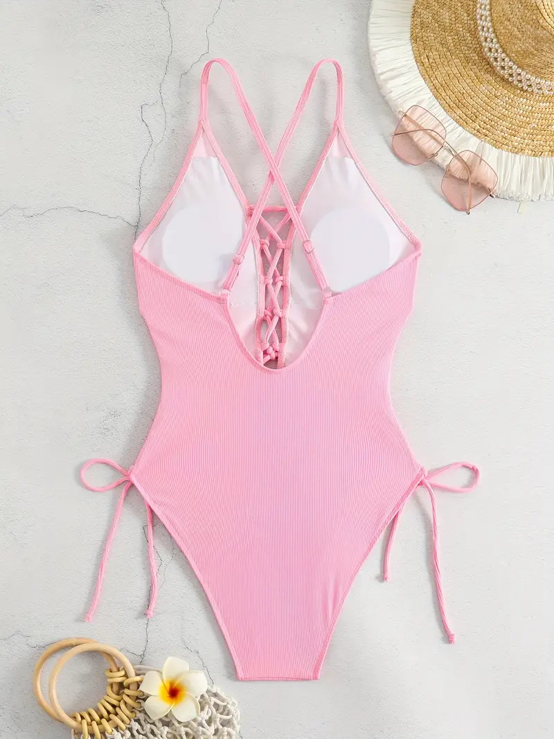 Solid Color Sexy One-piece Swimsuit, Criss Cross Straps Tie Side Backless Bathing Suits, Women's Swimwear & Clothing