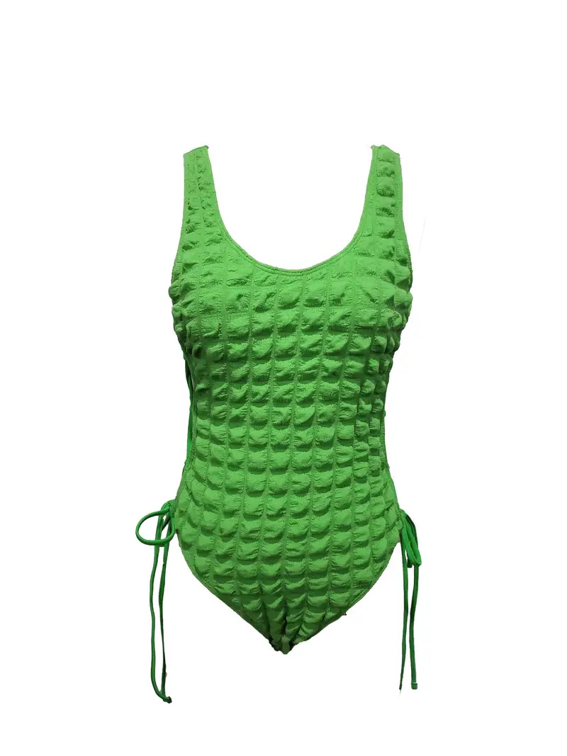 Puff Textured Fabric Lace Up One-piece Swimsuit, Tie Side Backless Plain Green Stretchy Bathing Suits, Women's Swimwear & Clothing