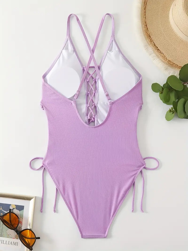 Solid Color Sexy One-piece Swimsuit, Criss Cross Straps Tie Side Backless Bathing Suits, Women's Swimwear & Clothing