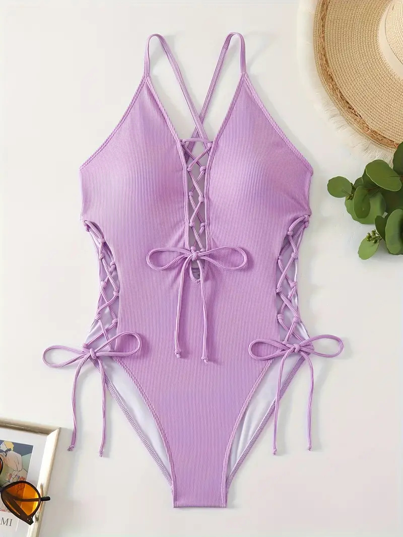 Solid Color Sexy One-piece Swimsuit, Criss Cross Straps Tie Side Backless Bathing Suits, Women's Swimwear & Clothing