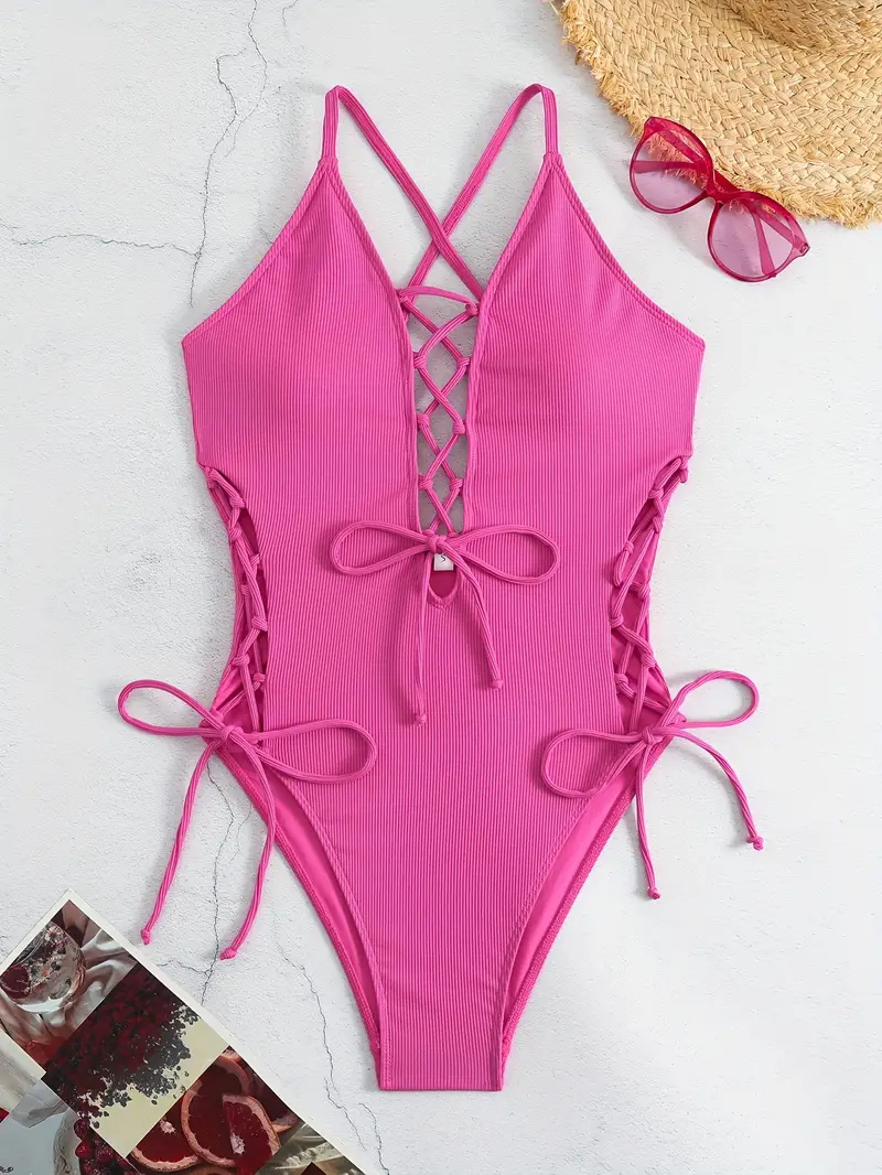 Solid Color Sexy One-piece Swimsuit, Criss Cross Straps Tie Side Backless Bathing Suits, Women's Swimwear & Clothing