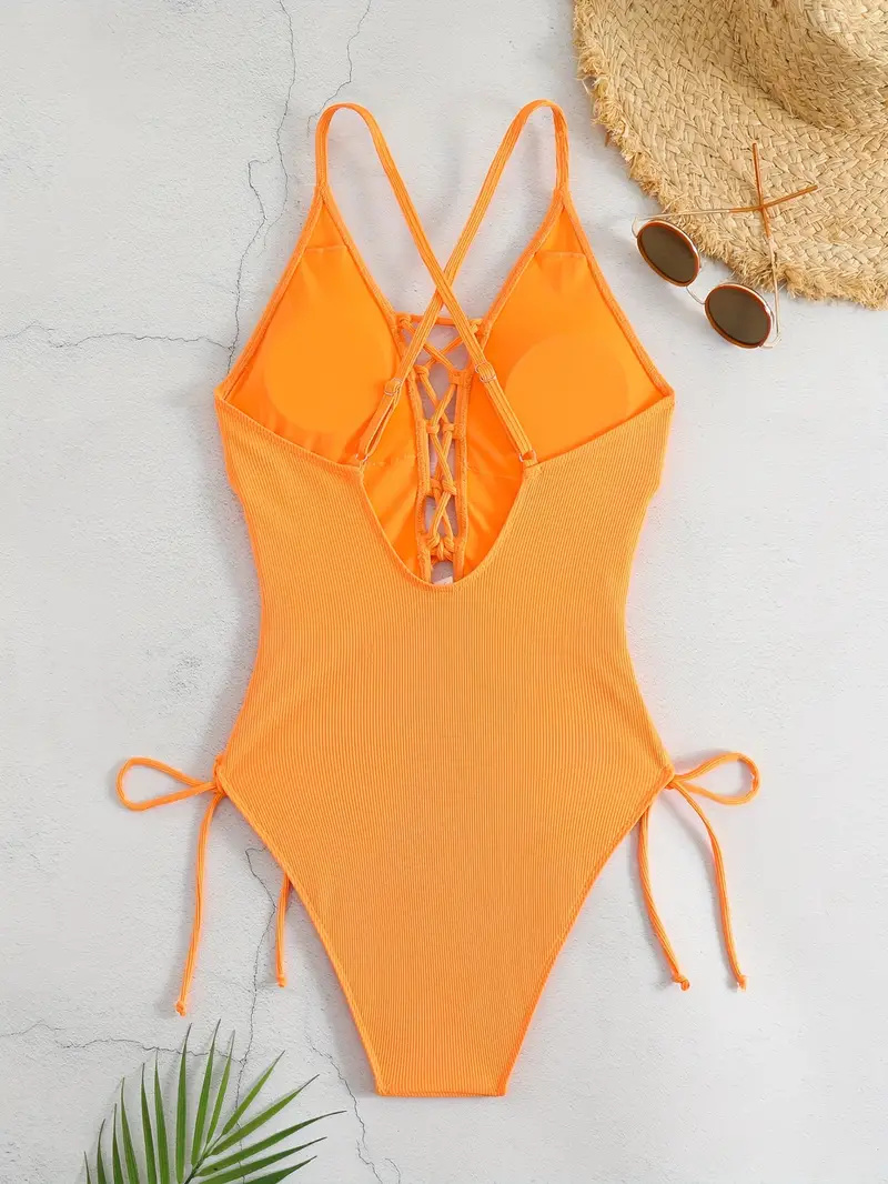 Solid Color Sexy One-piece Swimsuit, Criss Cross Straps Tie Side Backless Bathing Suits, Women's Swimwear & Clothing