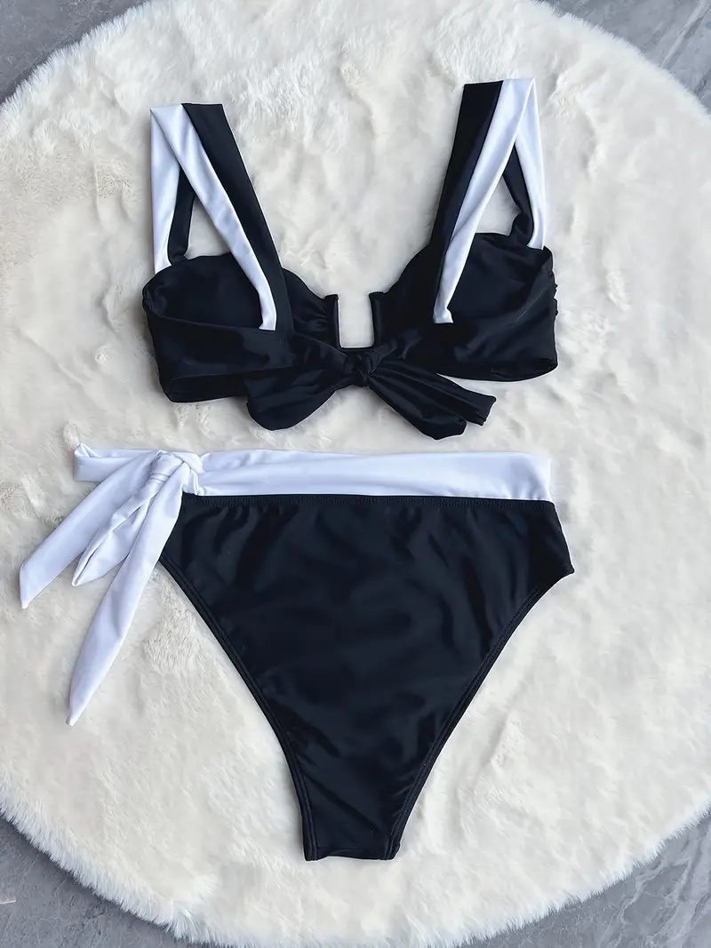 Contrast Color 2 Piece Set Bikini, Tie Back High Waist Sexy Swimsuits, Women's Swimwear & Clothing