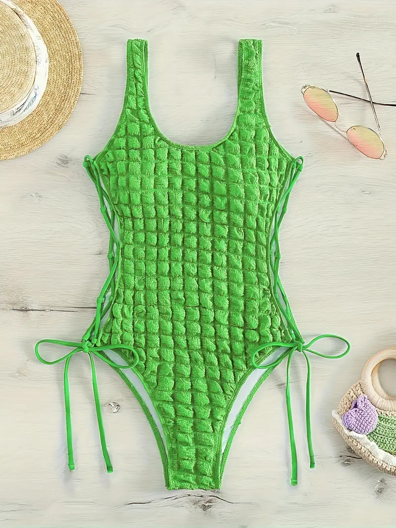 Puff Textured Fabric Lace Up One-piece Swimsuit, Tie Side Backless Plain Green Stretchy Bathing Suits, Women's Swimwear & Clothing