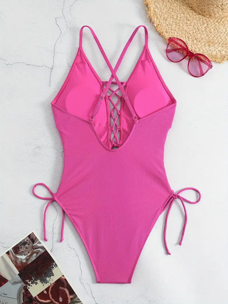 Solid Color Sexy One-piece Swimsuit, Criss Cross Straps Tie Side Backless Bathing Suits, Women's Swimwear & Clothing