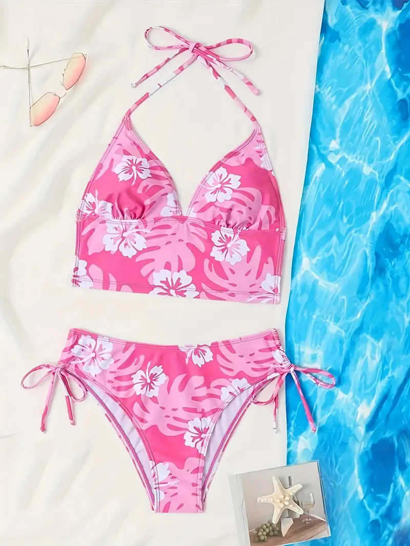 Floral Print Halter Drawstring 2 Piece Set Tankini, Pink Tie Back Stretchy Swimsuits, Women's Swimwear & Clothing Valentine's Day