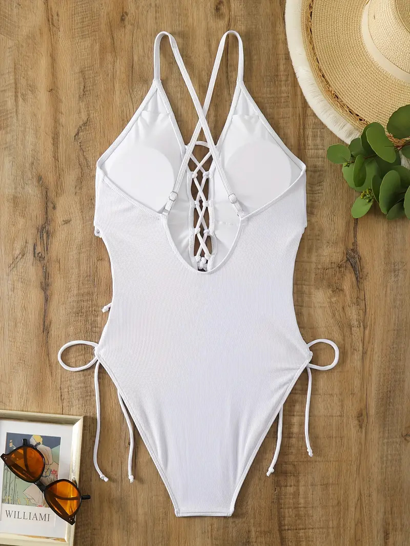 Solid Color Sexy One-piece Swimsuit, Criss Cross Straps Tie Side Backless Bathing Suits, Women's Swimwear & Clothing