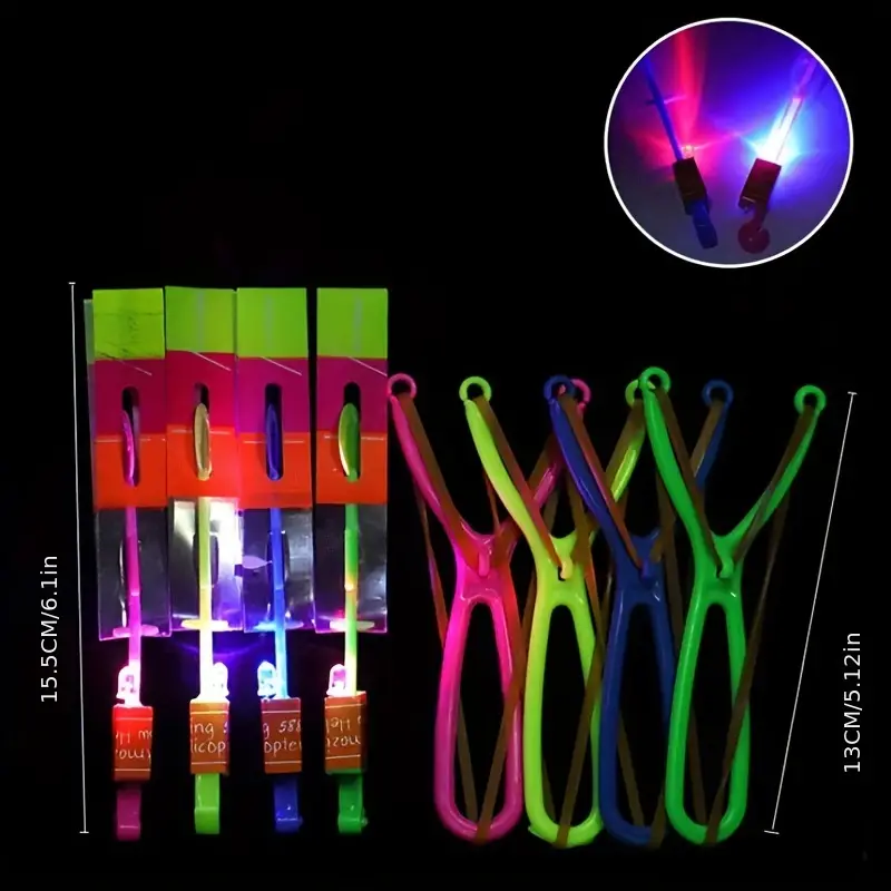 Baikf 8pcs, Led Lighting Up Luminous Toy, Flying Slingshot, Flying Toys, Fast Catapult Luminous Toy, Glow In Dark Party Supplies, Party Favors, Holiday Gifts, Children Gifts, Outdoor Luminous Toys