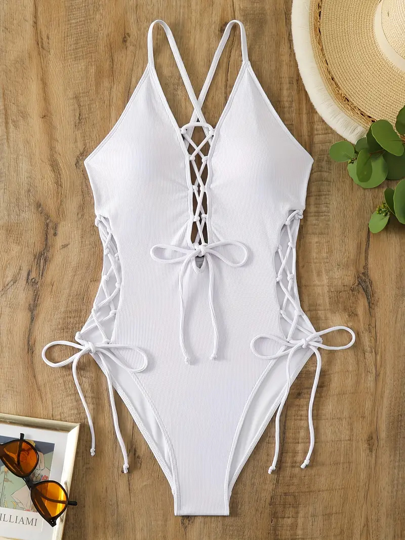 Solid Color Sexy One-piece Swimsuit, Criss Cross Straps Tie Side Backless Bathing Suits, Women's Swimwear & Clothing