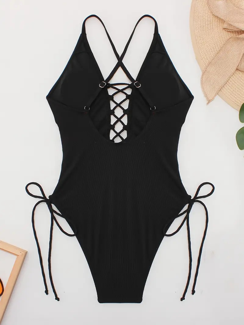 Solid Color Sexy One-piece Swimsuit, Criss Cross Straps Tie Side Backless Bathing Suits, Women's Swimwear & Clothing