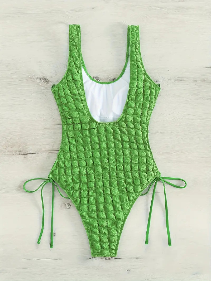 Puff Textured Fabric Lace Up One-piece Swimsuit, Tie Side Backless Plain Green Stretchy Bathing Suits, Women's Swimwear & Clothing