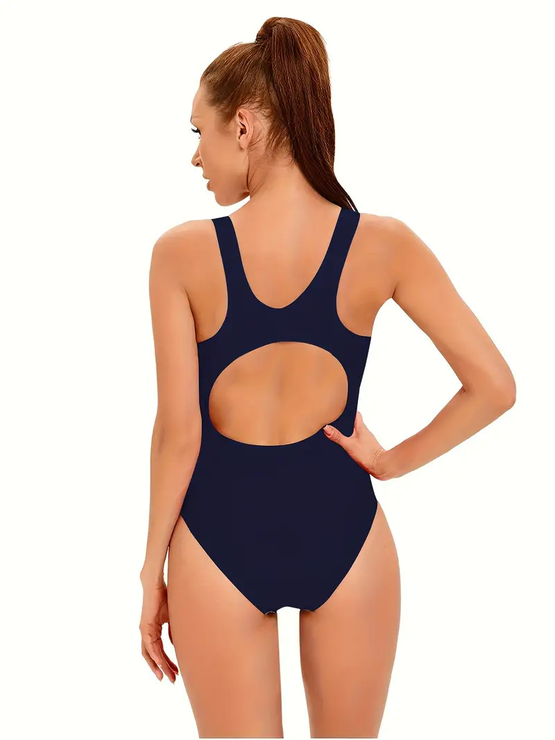 Women's Sporty Contrast Color One-Piece Swimsuit, Slim Fit, Open Back, Beachwear, Poolside Apparel