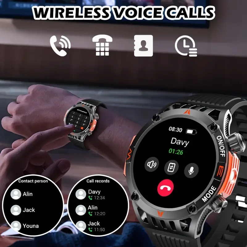 Smart watch, wireless answer and call, SOS outdoor watch, outdoor sports watch, LED light, IP68 waterproof, compass fitness tracker, pedometer, multimedia message display, suitable for Android, Apple, Samsung, mobile phones, men's and women's smart watche