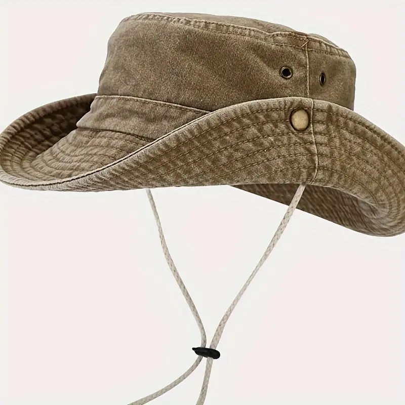 Men's Fashion Wide Brim Washed Vintage Fishing Hiking Hat, Outdoor Travel Sun Protection Bucket Cap with Chin Strap