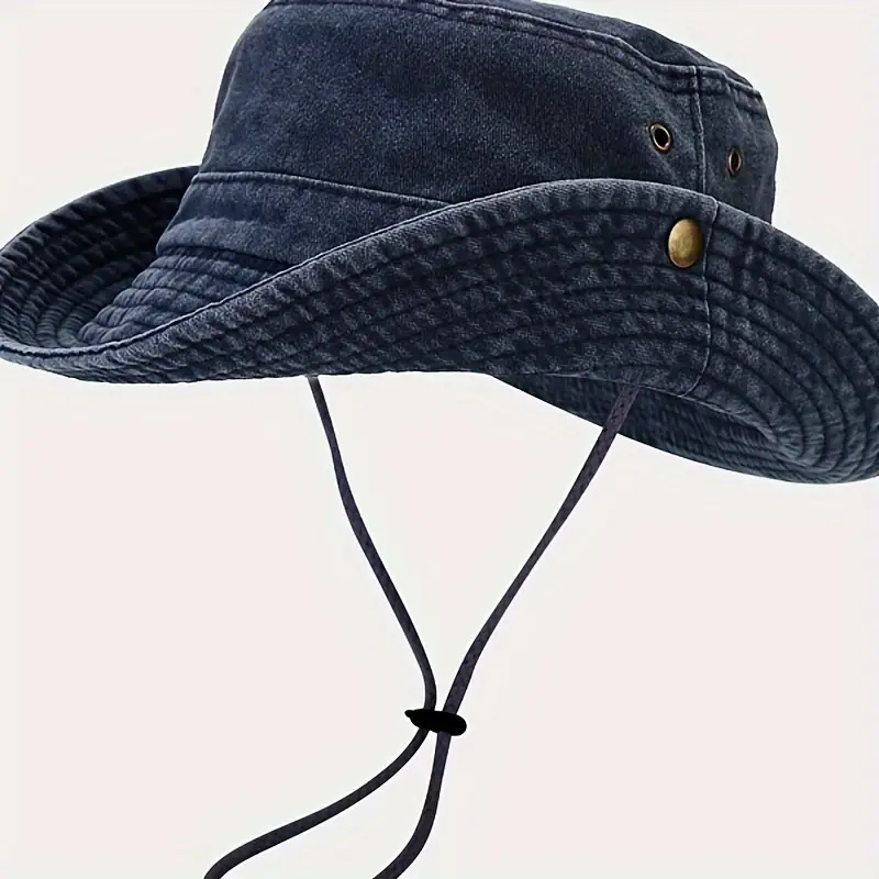 Men's Fashion Wide Brim Washed Vintage Fishing Hiking Hat, Outdoor Travel Sun Protection Bucket Cap with Chin Strap