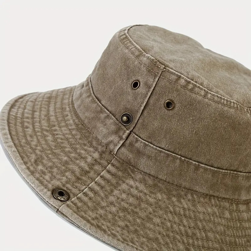 Men's Fashion Wide Brim Washed Vintage Fishing Hiking Hat, Outdoor Travel Sun Protection Bucket Cap with Chin Strap